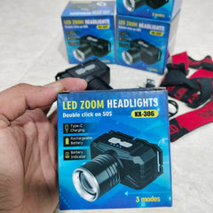 LED Zoom Headlamp KX-306 Double Click On SOS 3 Light Modes Battery Indicator Super Bright White Light